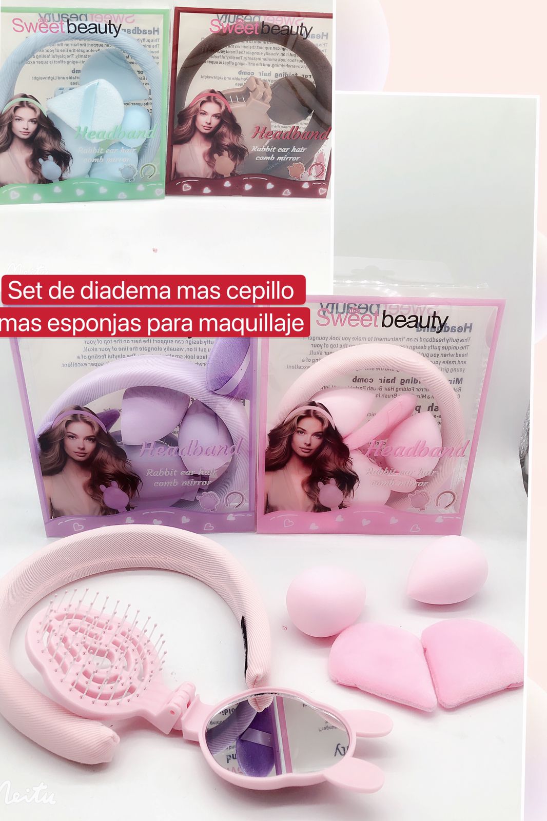 Set de diadema mas cepillo mas esponjas para maquillaje