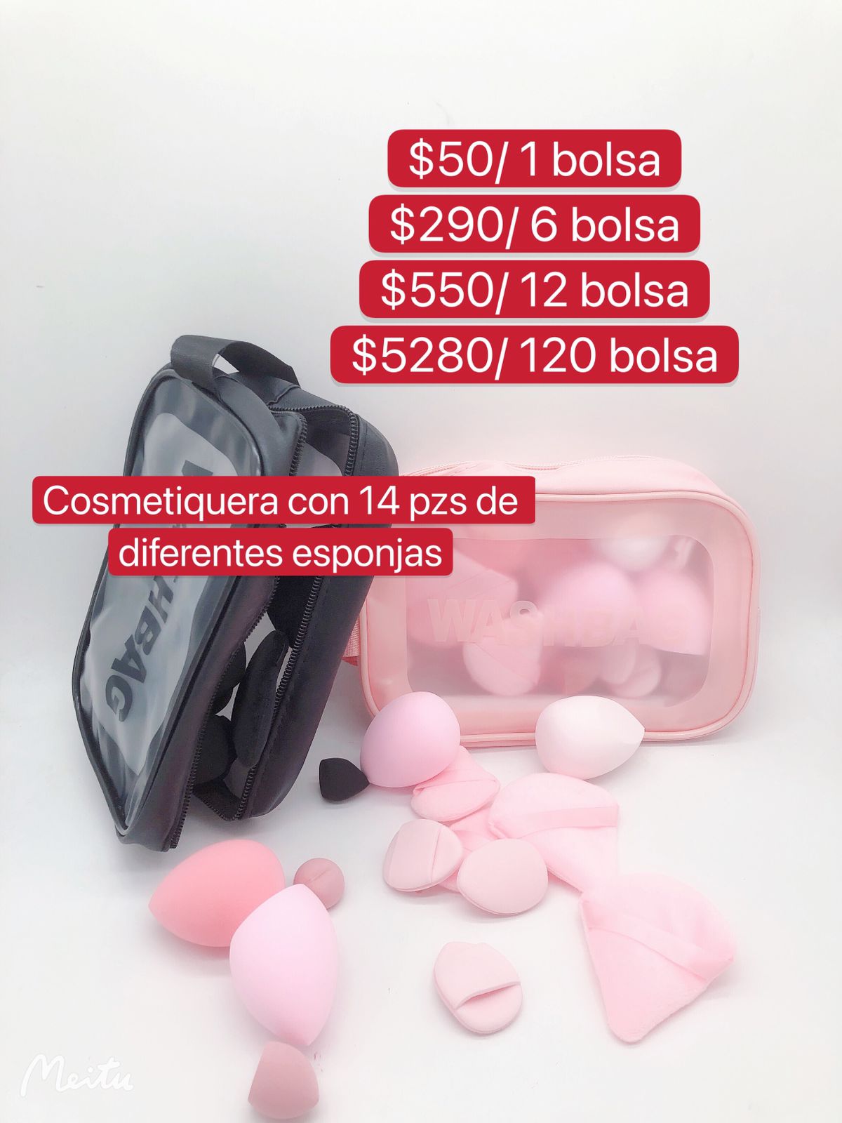 Cosmetiquera con 14 pzs de diferentes esponjas