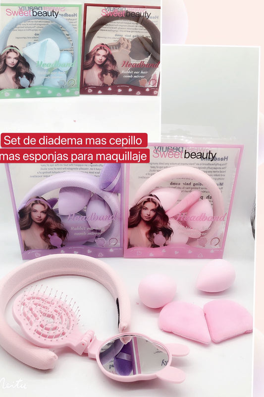 Set de diadema mas cepillo mas esponjas para maquillaje